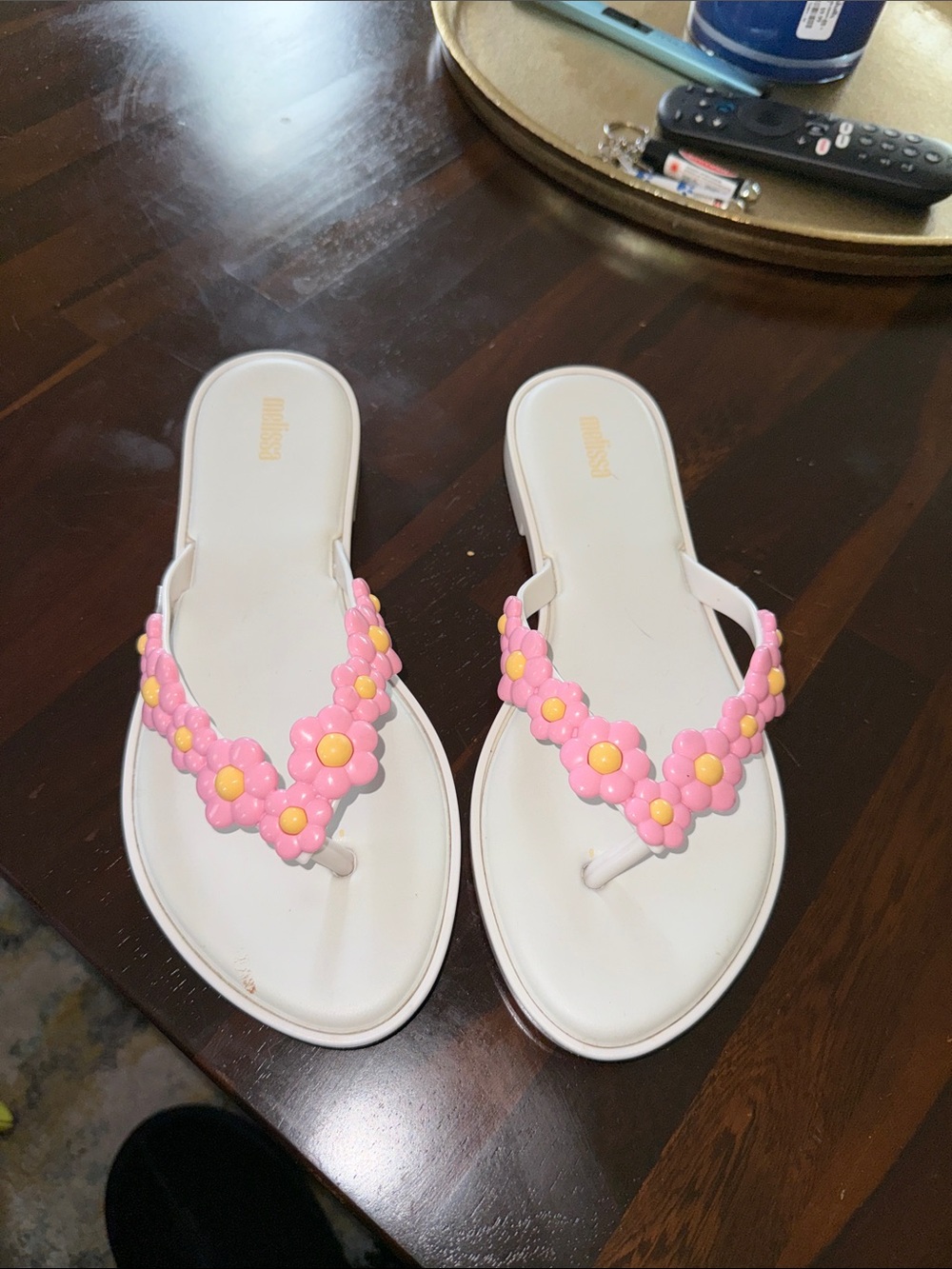 Melissa White Sandals with Pink and Yellow Daisy Straps
